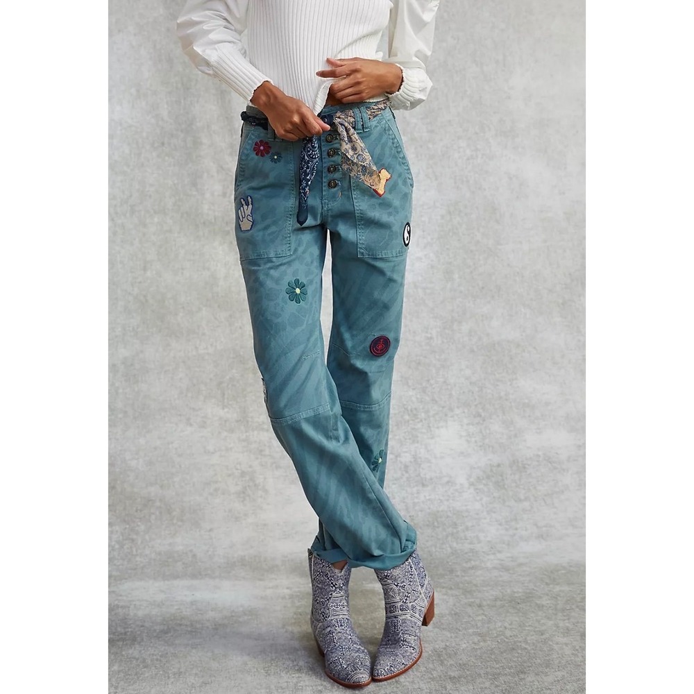 Anthropologie Pilcro Patchwork  Print Cargo Pants Blue Green Size 26